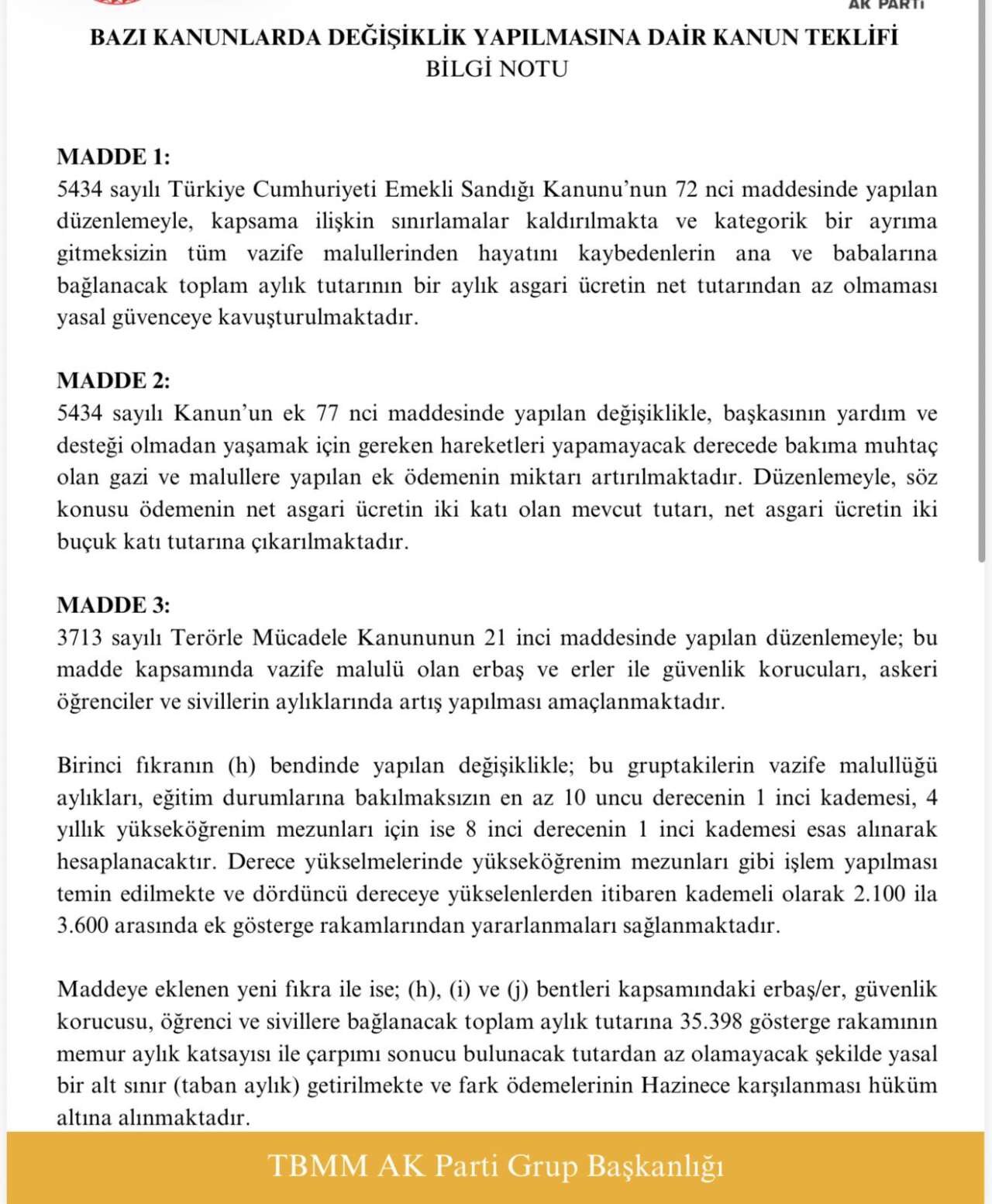 Erler, şehit aileleri ve gazilerin maaşlarına dev iyileştirme! İşte Meclis'e sunulan 12 maddelik paket 9
